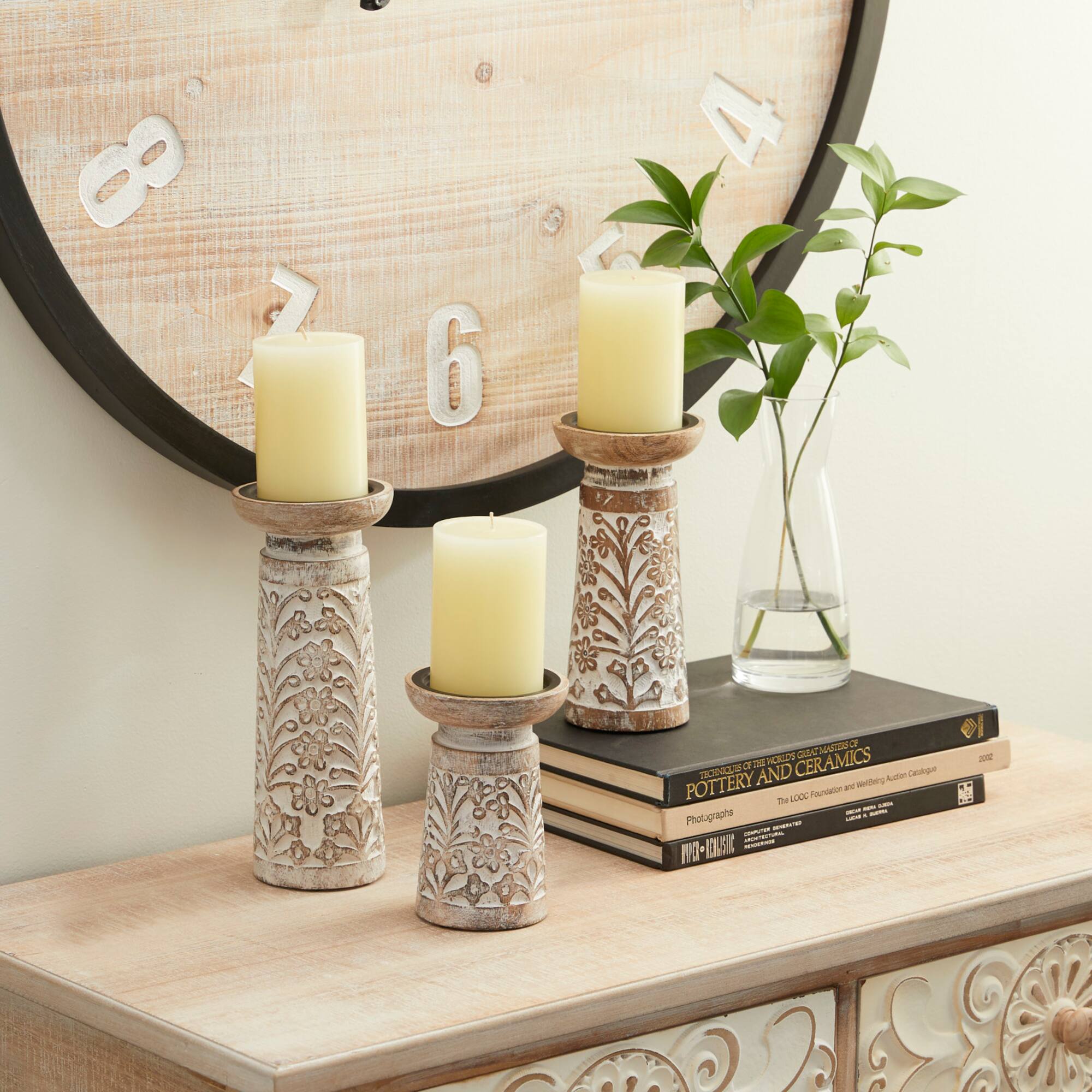 Brown Mango Wood Natural Candle Holder Set